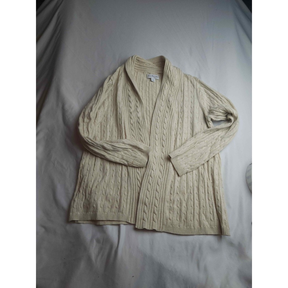 Kim Rogers Cream Cable Knit Cardigan Shawl Collar Open Front Sweater Womens PS